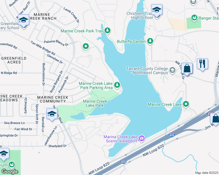 map of restaurants, bars, coffee shops, grocery stores, and more near 5204 New Castleton Lane in Fort Worth