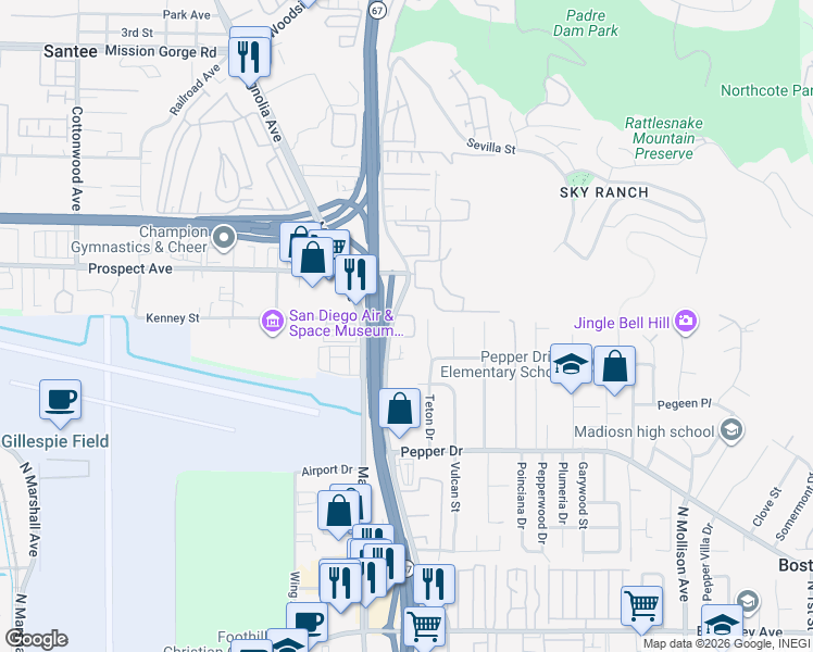 map of restaurants, bars, coffee shops, grocery stores, and more near 8445 Graves Avenue in Santee