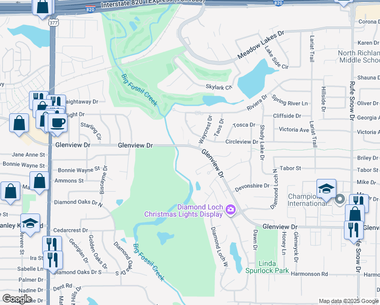 map of restaurants, bars, coffee shops, grocery stores, and more near 6106 Glenview Drive in Haltom City