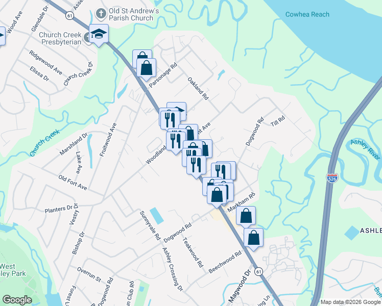 map of restaurants, bars, coffee shops, grocery stores, and more near 2474B Ashley River Road in Charleston
