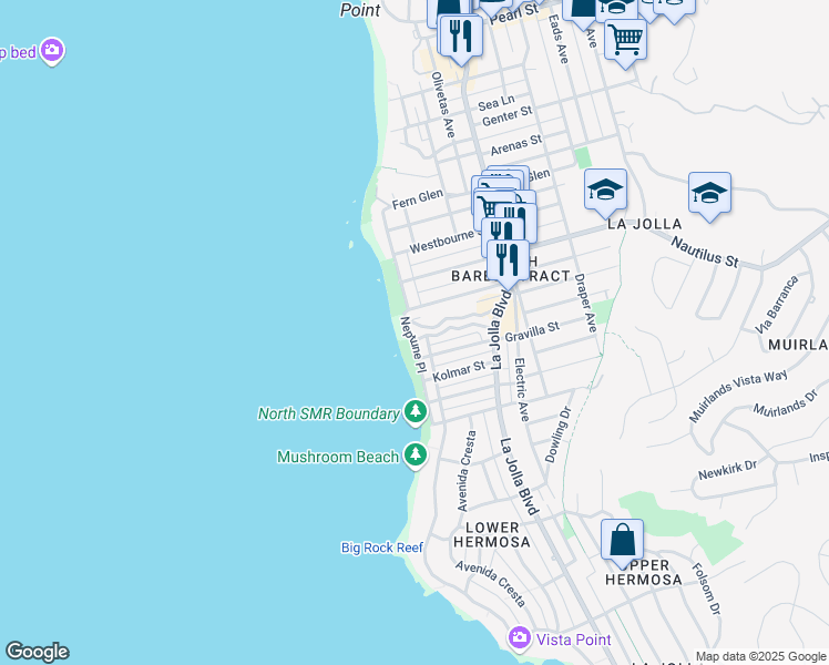 map of restaurants, bars, coffee shops, grocery stores, and more near 6767 Neptune Place in San Diego