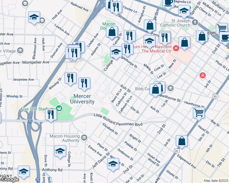 map of restaurants, bars, coffee shops, grocery stores, and more near 1355 Calhoun Street in Macon