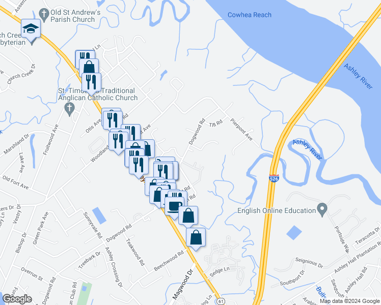 map of restaurants, bars, coffee shops, grocery stores, and more near 2103 Tibbett Ct in Charleston