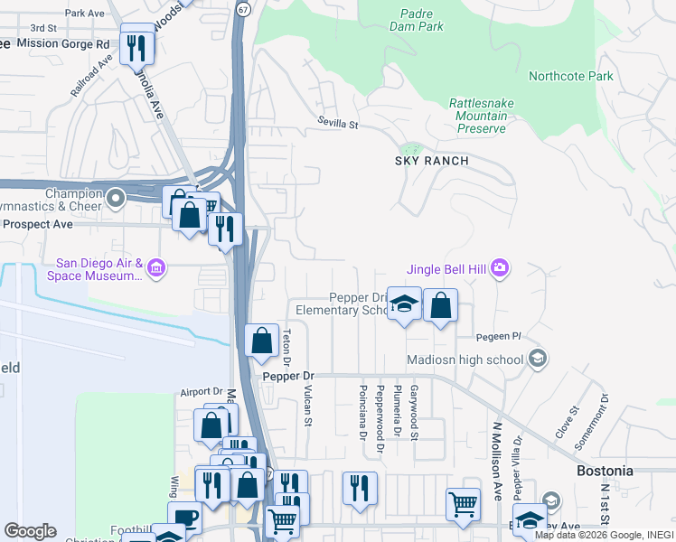 map of restaurants, bars, coffee shops, grocery stores, and more near 1435 Roxanne Drive in El Cajon
