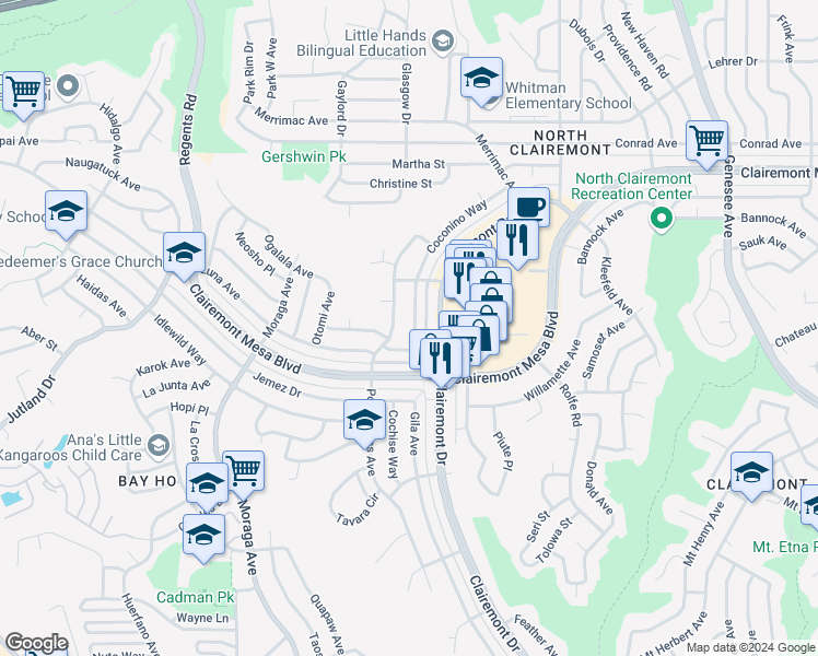 map of restaurants, bars, coffee shops, grocery stores, and more near 4628 Coconino Way in San Diego