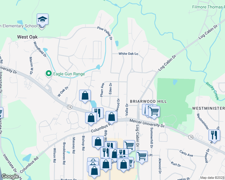 map of restaurants, bars, coffee shops, grocery stores, and more near 4166 Eden Drive in Macon