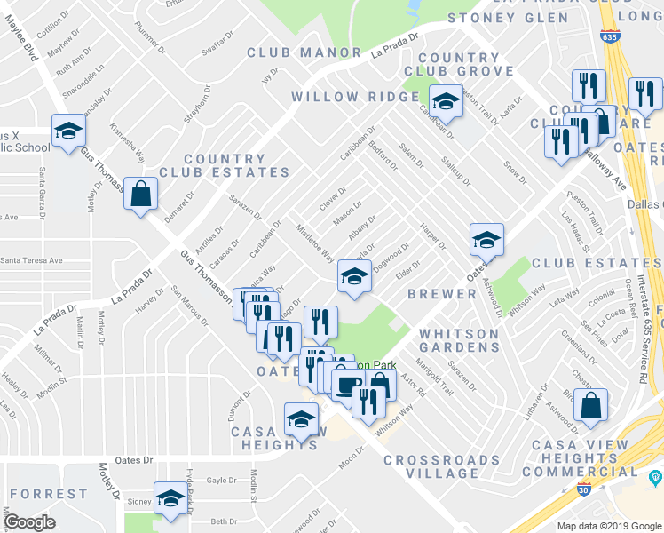 map of restaurants, bars, coffee shops, grocery stores, and more near 4805 Mistletoe Way in Mesquite