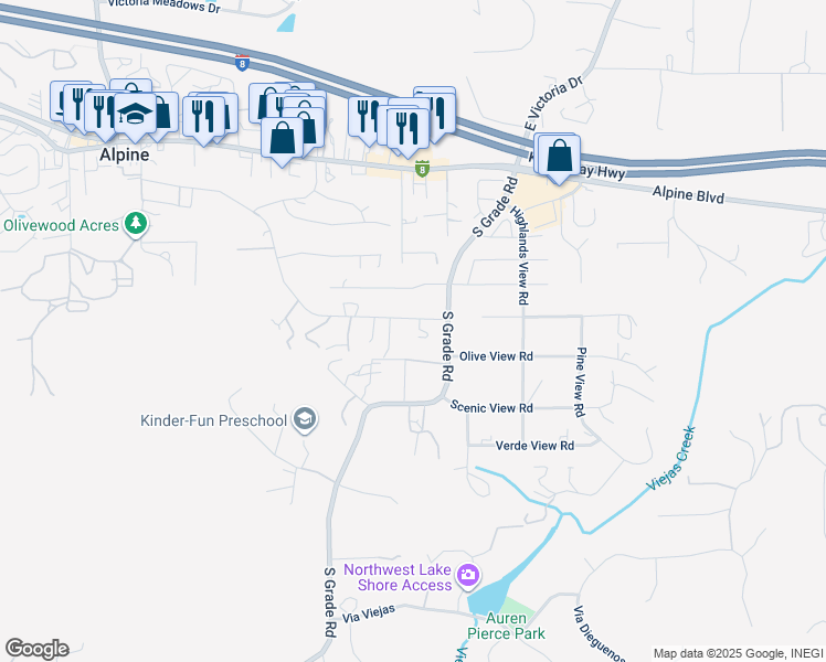 map of restaurants, bars, coffee shops, grocery stores, and more near 2812 South Grade Road in Alpine