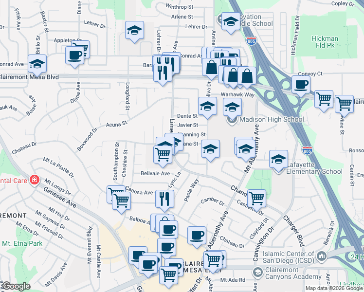map of restaurants, bars, coffee shops, grocery stores, and more near 4679 Limerick Avenue in San Diego