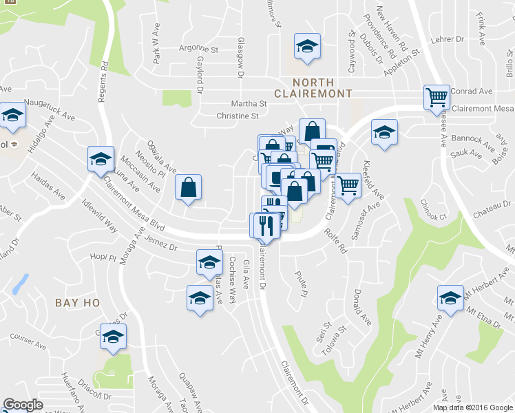 map of restaurants, bars, coffee shops, grocery stores, and more near 4621 Coconino Way in San Diego
