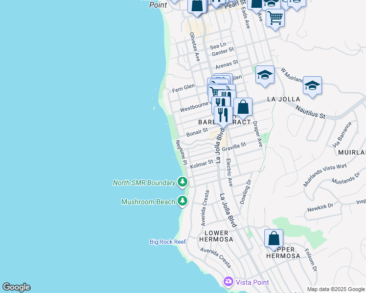 map of restaurants, bars, coffee shops, grocery stores, and more near 6767 Neptune Place in San Diego