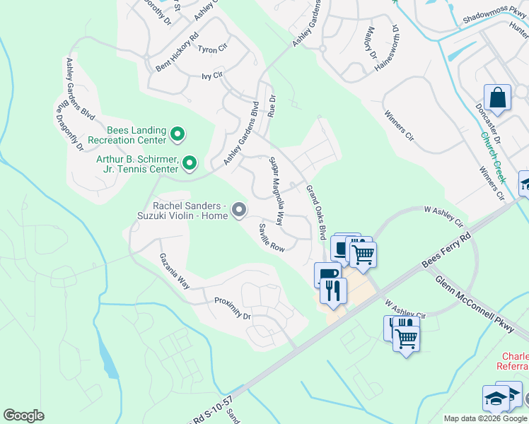 map of restaurants, bars, coffee shops, grocery stores, and more near 444 Manorwood Lane in Charleston