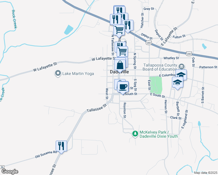 map of restaurants, bars, coffee shops, grocery stores, and more near 178-206 West Street in Dadeville