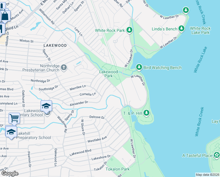 map of restaurants, bars, coffee shops, grocery stores, and more near 7230 Alexander Drive in Dallas