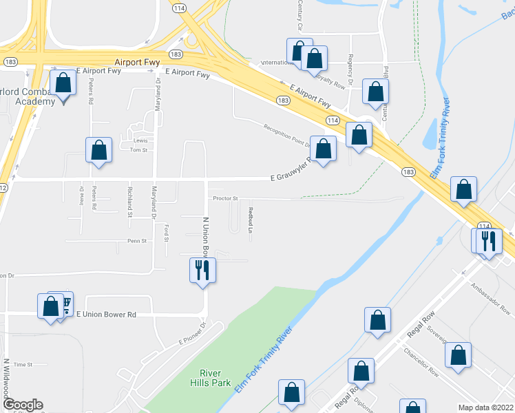 map of restaurants, bars, coffee shops, grocery stores, and more near 1518 Redbud Lane in Irving