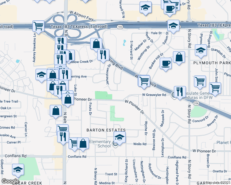 map of restaurants, bars, coffee shops, grocery stores, and more near 3009 West Pioneer Drive in Irving