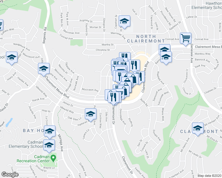 map of restaurants, bars, coffee shops, grocery stores, and more near 4621 Coconino Way in San Diego