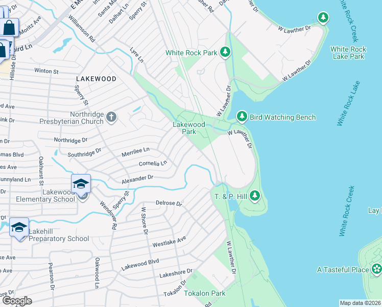 map of restaurants, bars, coffee shops, grocery stores, and more near 7230 Alexander Drive in Dallas