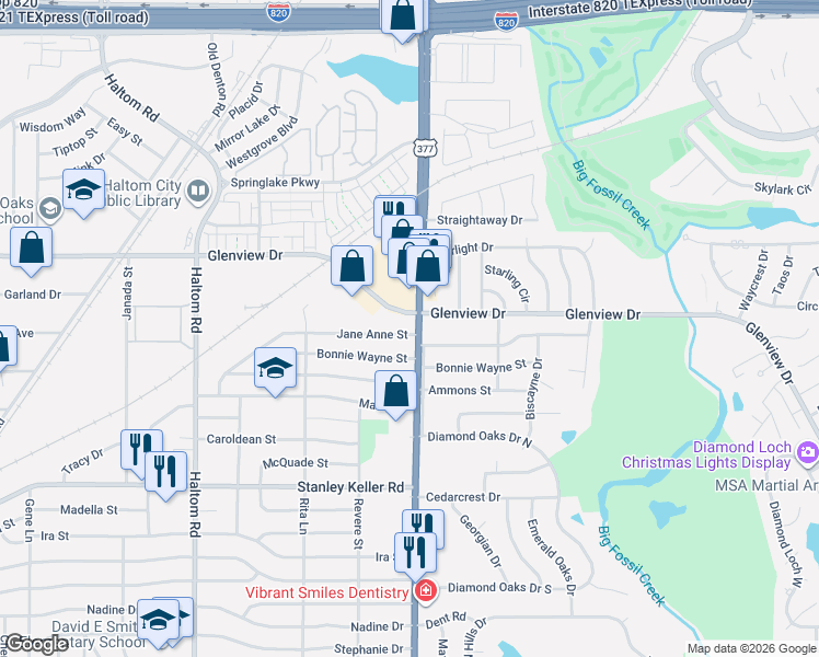 map of restaurants, bars, coffee shops, grocery stores, and more near 5424 Jane Anne Street in Haltom City