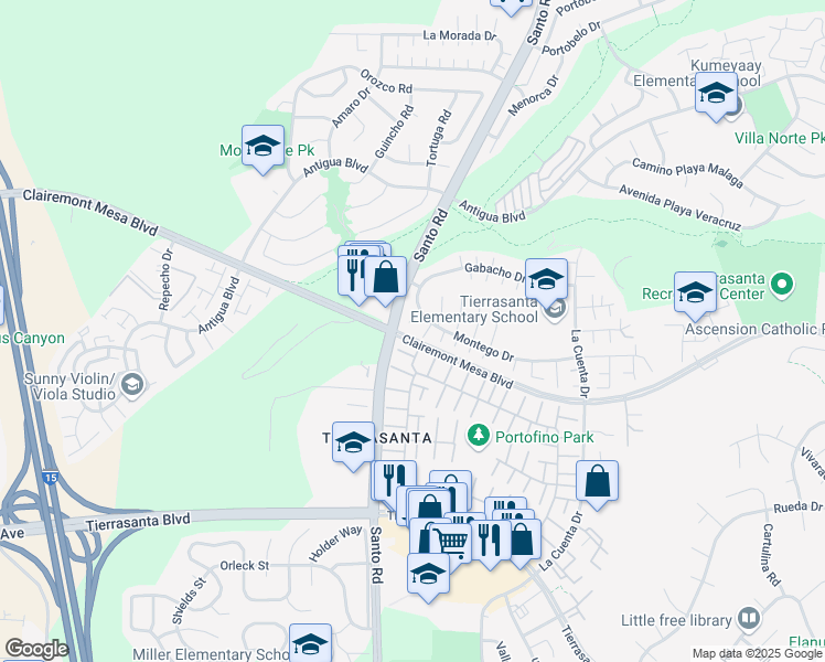 map of restaurants, bars, coffee shops, grocery stores, and more near 5361 Montego Place in San Diego