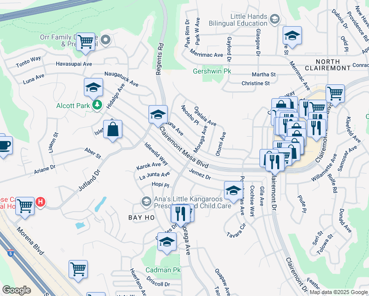 map of restaurants, bars, coffee shops, grocery stores, and more near 3330 Clairemont Mesa Boulevard in San Diego