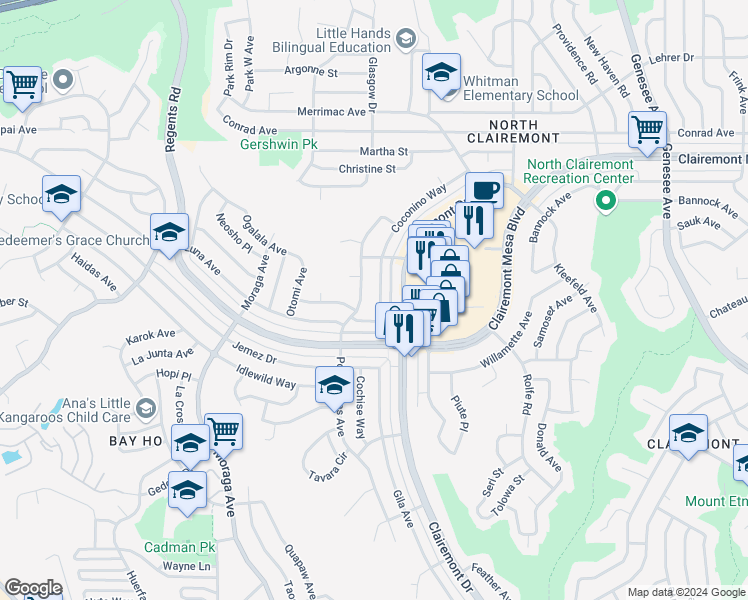 map of restaurants, bars, coffee shops, grocery stores, and more near 4628 Coconino Way in San Diego
