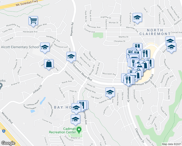 map of restaurants, bars, coffee shops, grocery stores, and more near Moraga Ave & Luna Ave in San Diego
