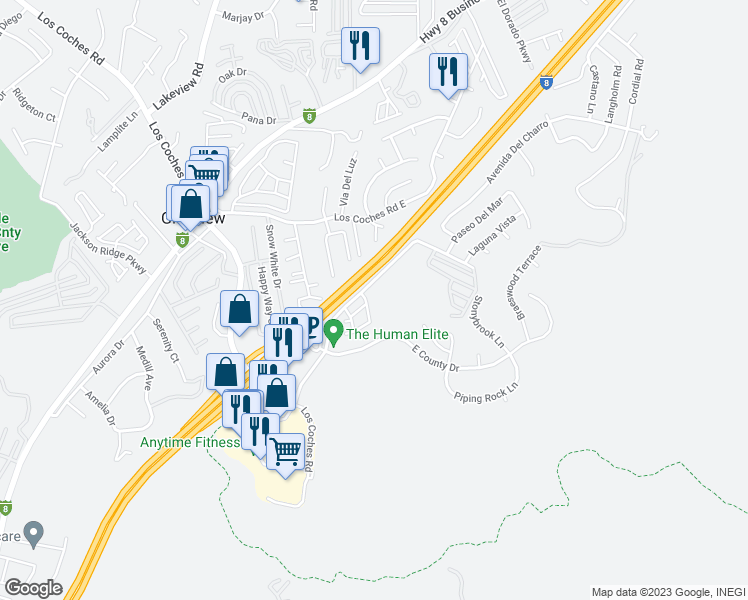 map of restaurants, bars, coffee shops, grocery stores, and more near 13865 Camino Canada in El Cajon
