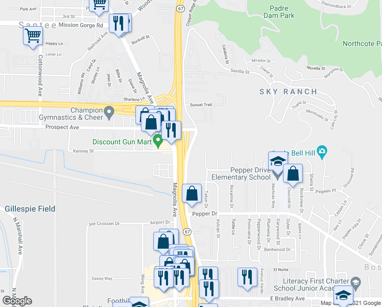 map of restaurants, bars, coffee shops, grocery stores, and more near 8445 Graves Avenue in Santee