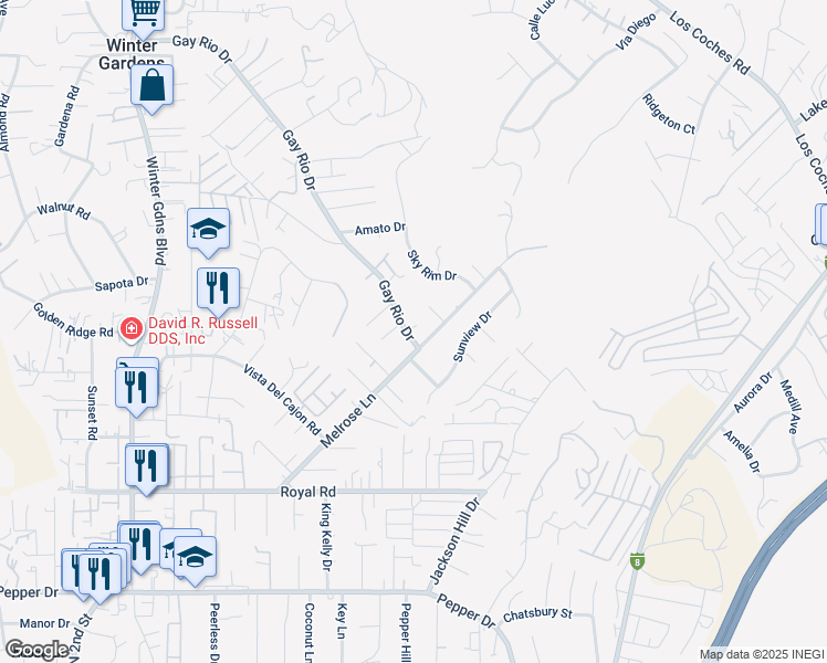 map of restaurants, bars, coffee shops, grocery stores, and more near 12478 Gay Rio Drive in Lakeside