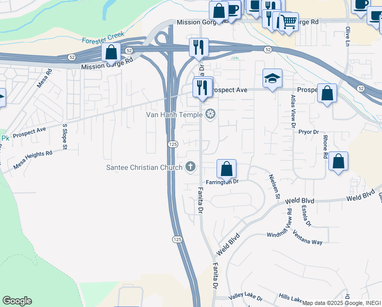 map of restaurants, bars, coffee shops, grocery stores, and more near 9029 Watson Place in Santee