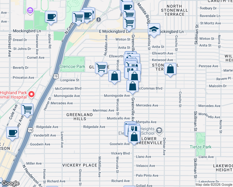 map of restaurants, bars, coffee shops, grocery stores, and more near 5547 Morningside Avenue in Dallas