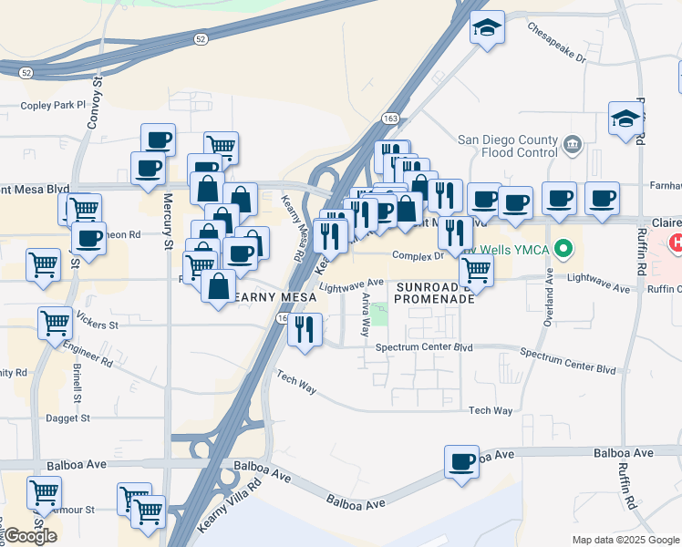 map of restaurants, bars, coffee shops, grocery stores, and more near 5225 Kearny Villa Road in San Diego