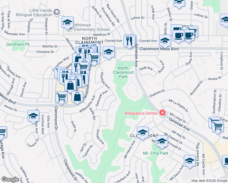 map of restaurants, bars, coffee shops, grocery stores, and more near 4397 Tecumseh Way in San Diego