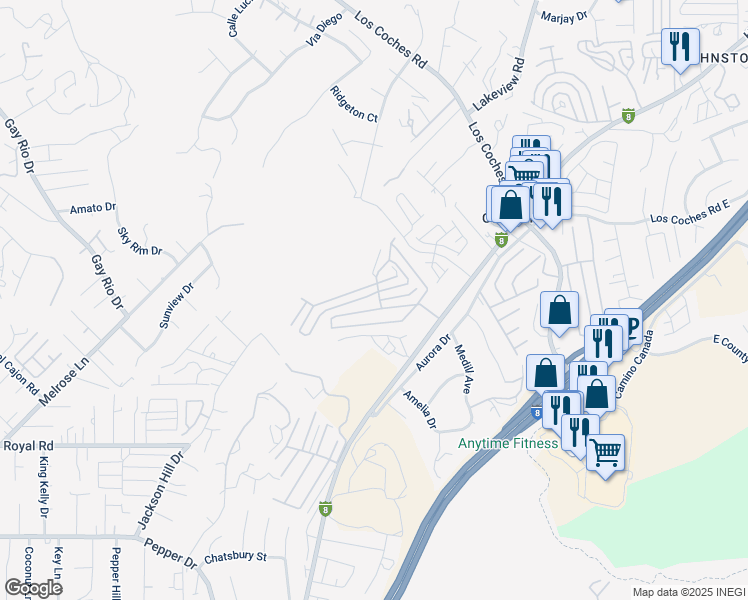 map of restaurants, bars, coffee shops, grocery stores, and more near 13162 Highway 8 Business in El Cajon