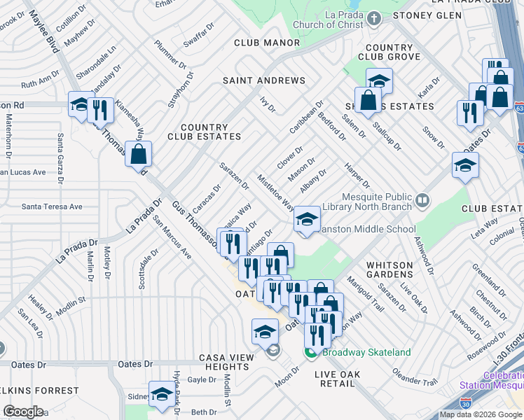 map of restaurants, bars, coffee shops, grocery stores, and more near 3304 Trinidad Drive in Mesquite
