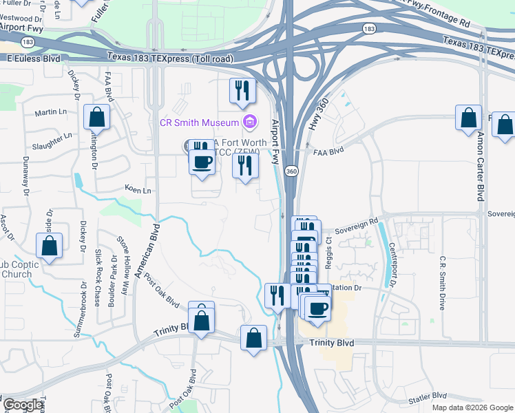 map of restaurants, bars, coffee shops, grocery stores, and more near 4501 Texas 360 in Fort Worth