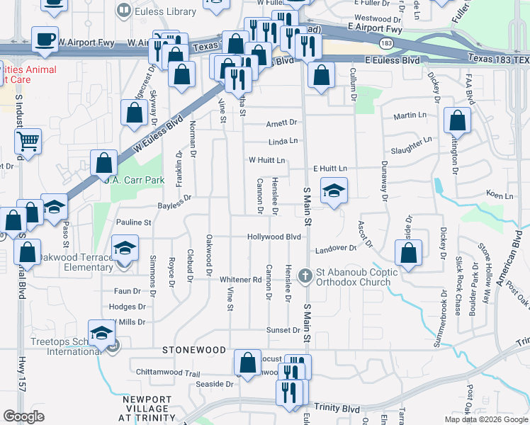 map of restaurants, bars, coffee shops, grocery stores, and more near 119 Reaves Court in Euless