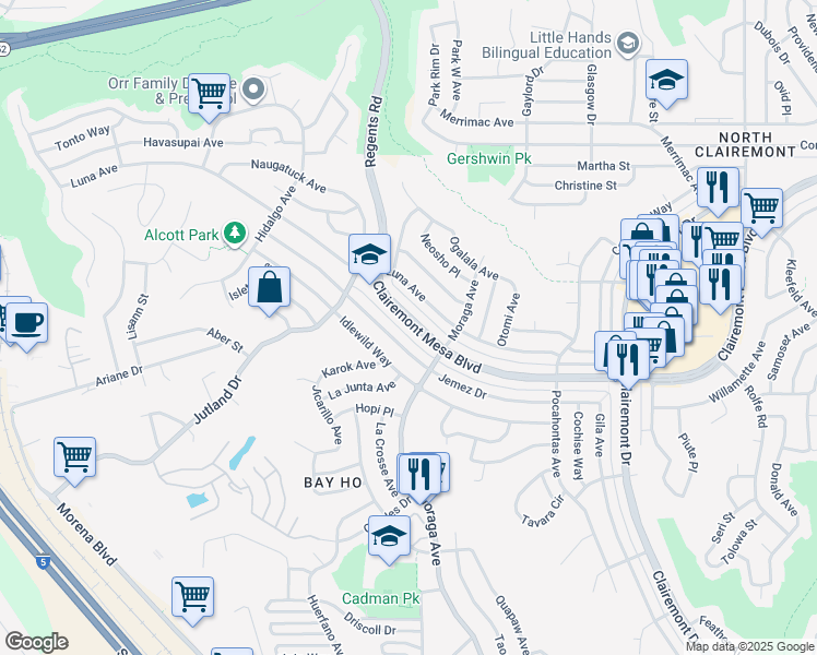map of restaurants, bars, coffee shops, grocery stores, and more near 3329 Clairemont Mesa Boulevard in San Diego