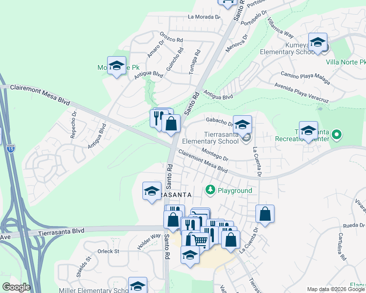 map of restaurants, bars, coffee shops, grocery stores, and more near 5361 Montego Place in San Diego