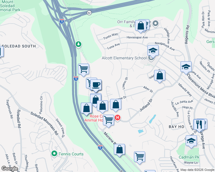 map of restaurants, bars, coffee shops, grocery stores, and more near 2714 Ariane Drive in San Diego
