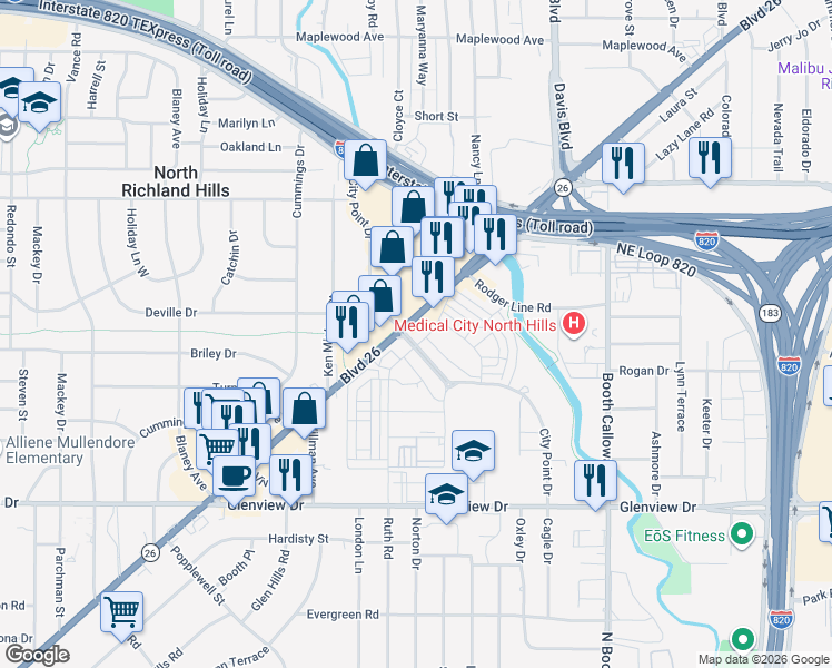 map of restaurants, bars, coffee shops, grocery stores, and more near 4450 City Point Drive in Fort Worth