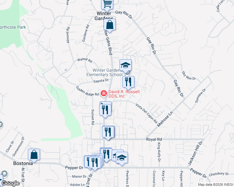 map of restaurants, bars, coffee shops, grocery stores, and more near 12106 Winter Gardens Drive in Lakeside