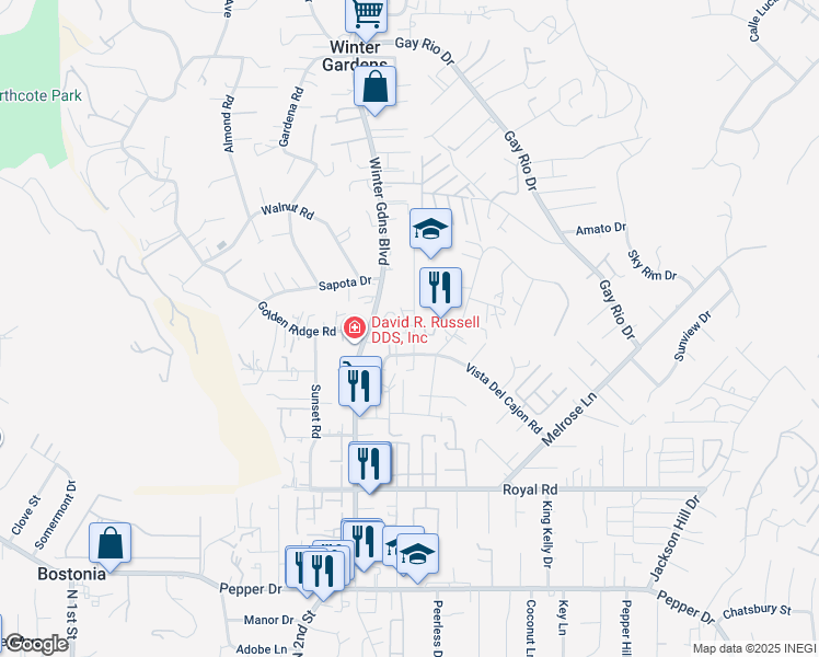 map of restaurants, bars, coffee shops, grocery stores, and more near 12106 Winter Gardens Drive in Lakeside