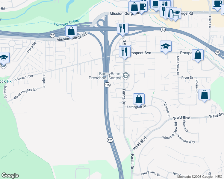 map of restaurants, bars, coffee shops, grocery stores, and more near 8440 Fanita Drive in Santee