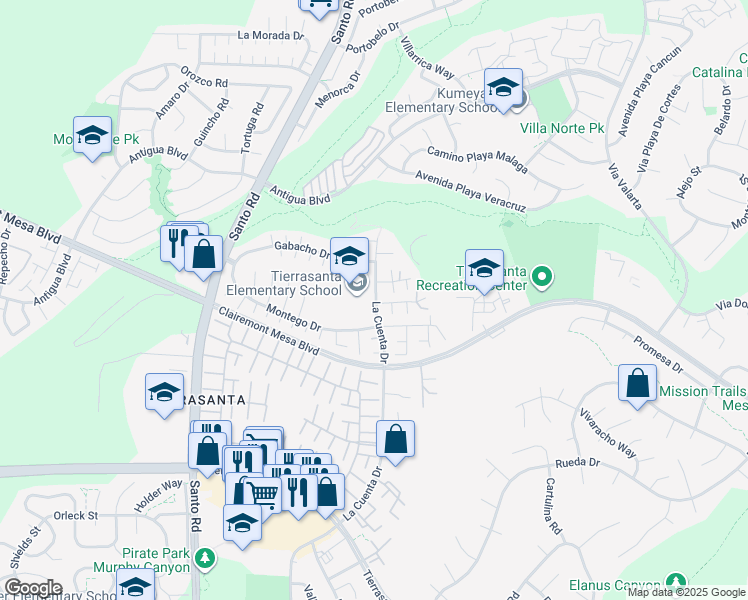 map of restaurants, bars, coffee shops, grocery stores, and more near 5419 La Cuenta Drive in San Diego