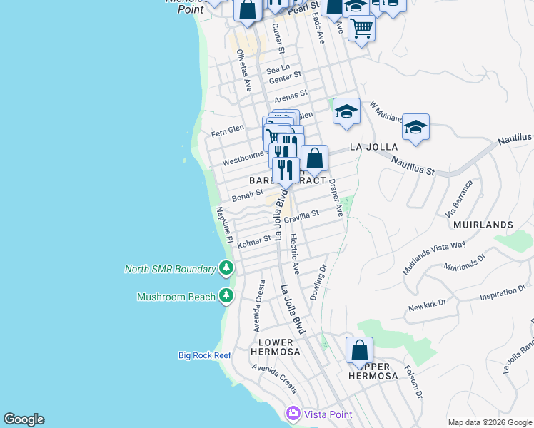 map of restaurants, bars, coffee shops, grocery stores, and more near 362 Gravilla Street in San Diego