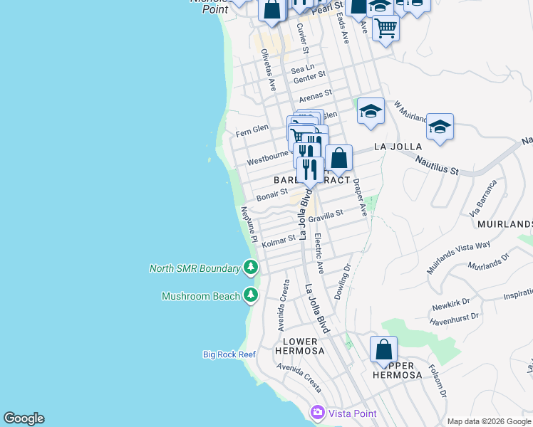 map of restaurants, bars, coffee shops, grocery stores, and more near 257 Playa Del Sur Street in San Diego