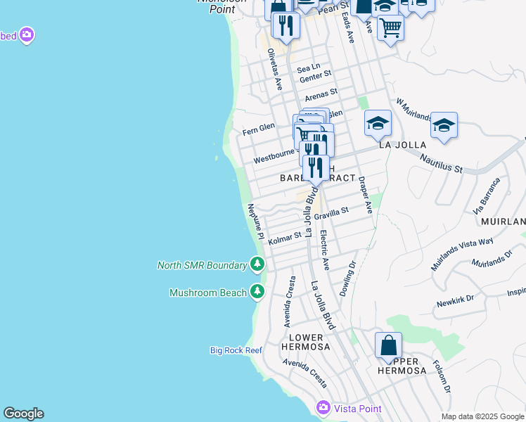map of restaurants, bars, coffee shops, grocery stores, and more near 6767 Neptune Place in San Diego