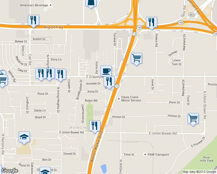 map of restaurants, bars, coffee shops, grocery stores, and more near 1421 North Loop 12 in Irving